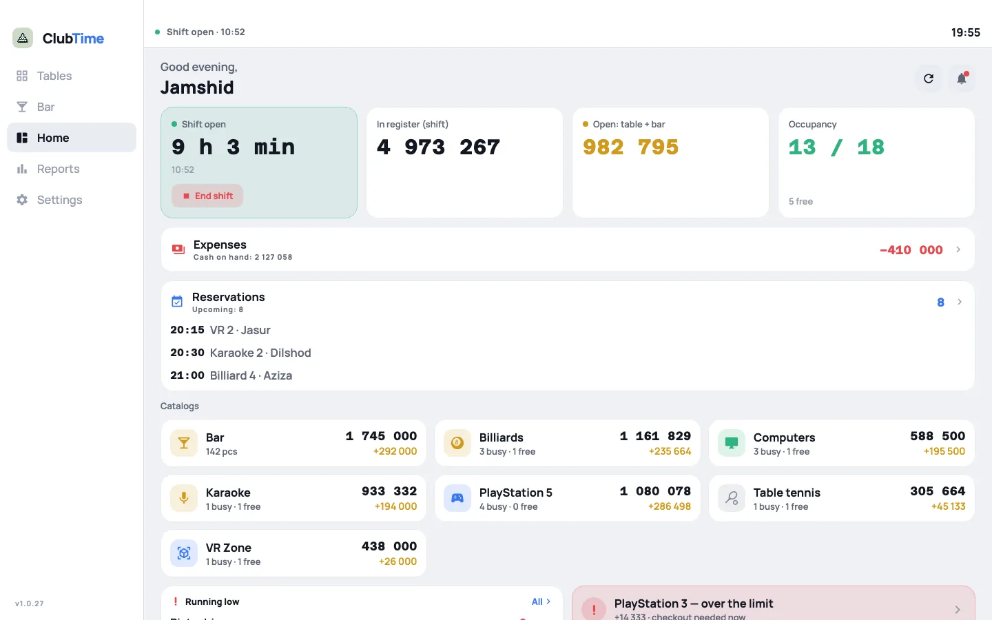 ClubTime dashboard with today's revenue