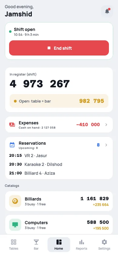 ClubTime phone app: dashboard