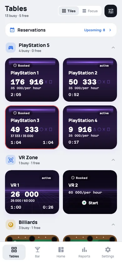ClubTime phone app: tables screen